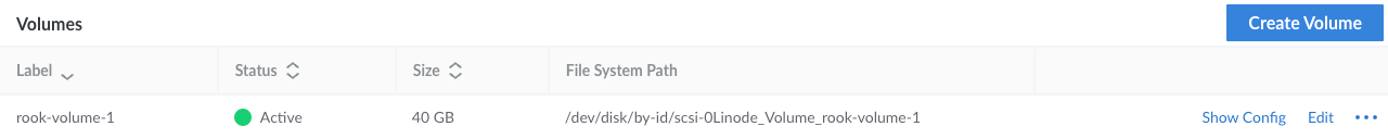 The Storage tab of a Kubernetes node, showing the new volume as “active”. The Storage tab of a Kubernetes node, showing the new volume as “active”.